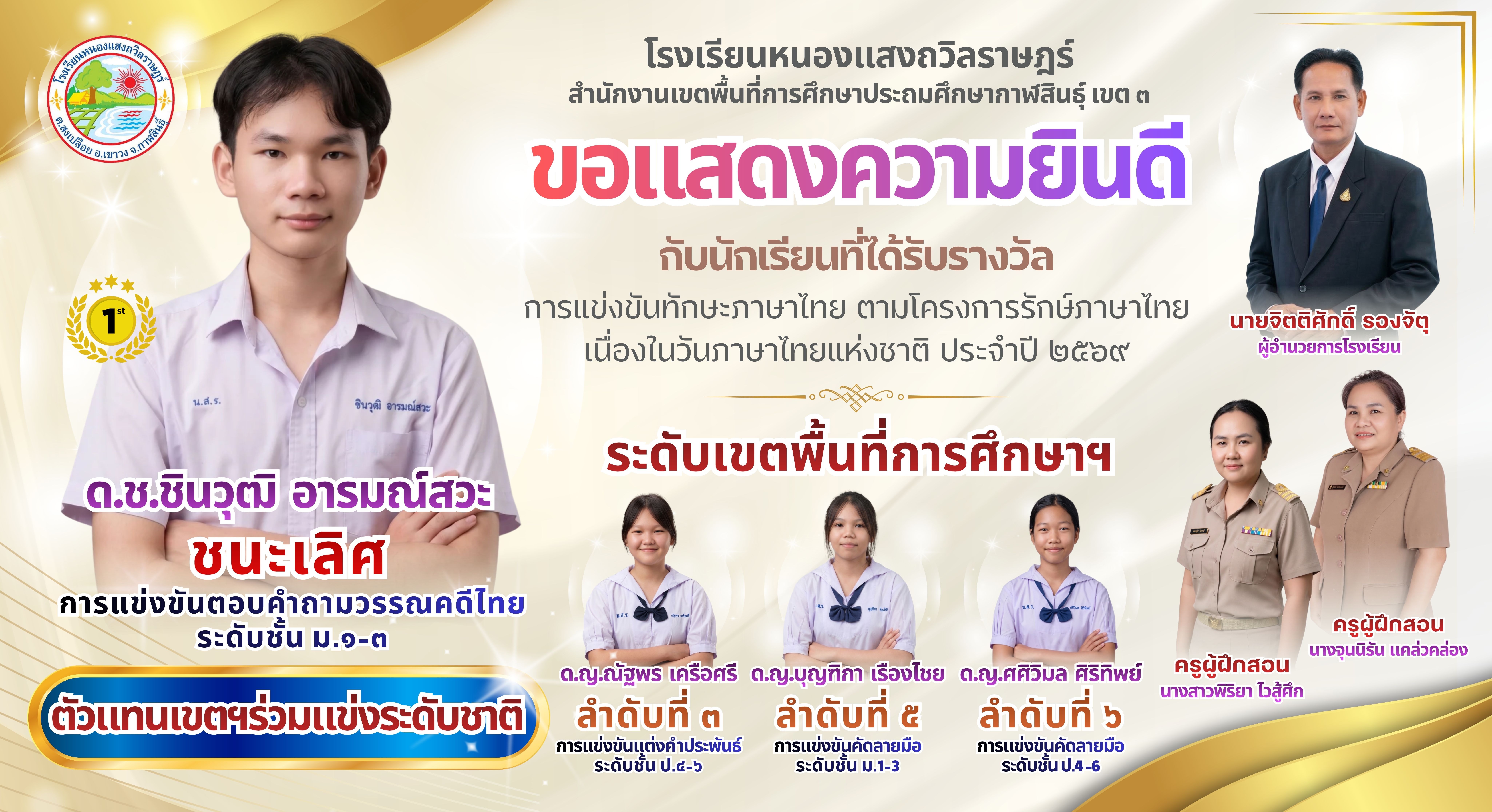 รางวัลการแข่งขันทักษะภาษาไทย ตามโครงการรักษ์ภาษาไทยเนื่องในวันภาษาไทยแห่งชาติ ประจำปี 2569 ระดับเขตพื้นที่การศึกษา